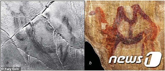 낙타 그림이 새겨진 1만3000년전 매머드 상아와 복원 그림 (유리 에신 트위터) @ 뉴스1