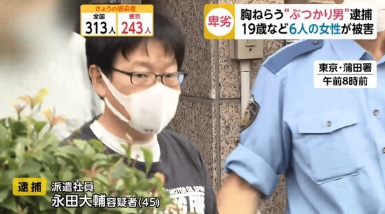 젊은 여성만 노리고 부딪쳐 폭행 혐의로 체포된 일본 남성 나가타 다이스케(45) - 일본 후지TV 갈무리