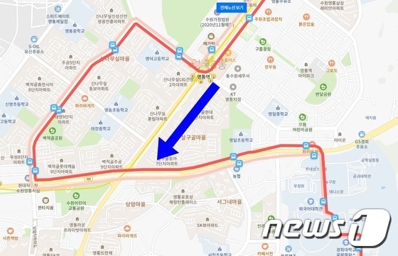 7000번 버스 노선변경 전(빨간색)과 후(파란색 화살표).© 뉴스1
