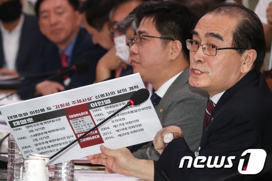 태영호 미래통합당 의원이 이인영 통일부 장관 후보자에게 질의하고 있다./뉴스1 © News1 성동훈 기자