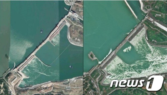 구글맵과 중국측이 제공한 싼샤댐 사진, 왼쪽이 구글맵 - 바이두 갈무리 