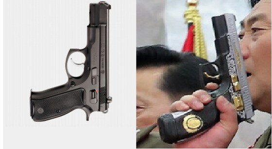 왼쪽은 체코제 CZ-75 B 모델(출처: CZ-USA), 오른쪽은 북한 노동당 기관지 노동신문이 27일 보도한 '백두산' 기념권총.© 뉴스1