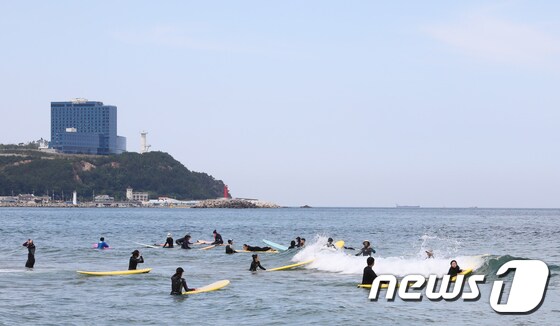 지난 5일 오후 강원 강릉 금진해변을 찾은 서핑 동호인들이 여름바다를 즐기고 있다. © News1 