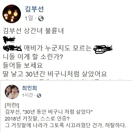 김부선씨가 '비구니처럼 살았다'고 하자 최민희 전 의원이 2018년 '김부선 논란은 거짓말이었냐'며 비판했다. 페이스북 갈무리  © 뉴스1