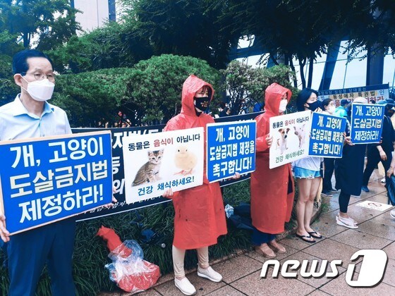 '비건(Vegan, 채식주의자) 세상을 위한 시민모임'(비시모)이 15일 오후 서울 종로구 광화문 광장 일대에서 개도살 금지와 채식을 촉구하는 집회를 진행하고 있다(비시모 제공). © 뉴스1