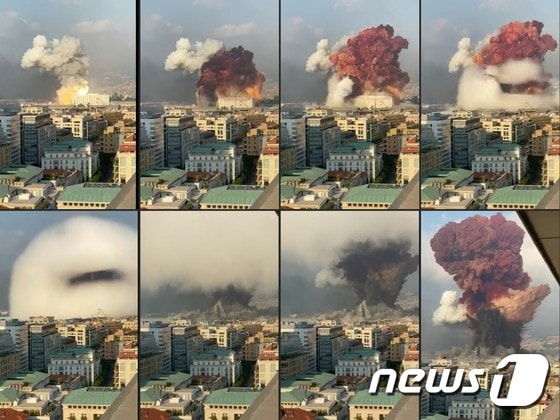 5일(현지시간) 레바논 수도 베이루트 항구 창고에 보관돼 있던 인화성 물질 질산암모늄이 두차례에 걸쳐 대규모로 폭발하는 모습. © AFP=뉴스1 © News1 유승관 기자