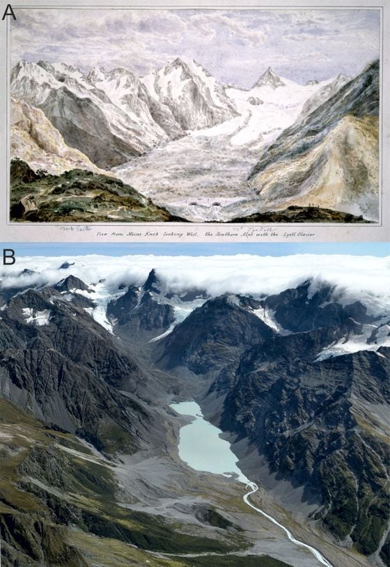 1866년에 율리우스 하스트(Julius Haast)가 그린 서던 알프스 산맥의 르옐(Lyell) 빙하모습(위), 에이. 로레이(A. Lorrey)가 2018년 촬영한 동일 빙하의 여름 모습 (Julius Haast and A. Lorrey - NIWA)2020.08.07 /뉴스1