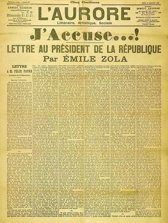 1898년 1월13일자 로로르 신문 1면에 실린 에밀 졸라의 기고문 / 사진출처=위키피디아