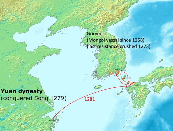 1274년과 1281년의 몽골군의 일본 원정 개념도 / 사진출처 = 위키피디아