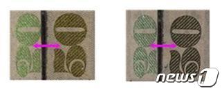 국정원이 밝힌 '슈퍼노트 급' 위조지폐와 진폐의 차이점. 시변색(示變色) 잉크가 진폐(왼쪽)는 녹색↔금색으로의 변화가 명확한 반면, 위폐(오른쪽)는 청녹색↔흑색으로 변색돼 차이가 선명하다.(국정원 제공)© 뉴스1