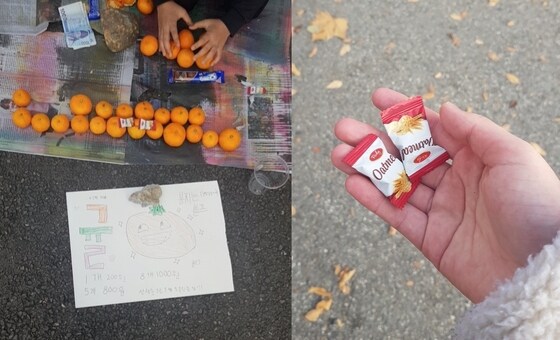 엄마 생일 선물을 사기 위해 길거리에서 귤을 판매한 초등생 형제(왼쪽), 서비스로 제공한 사탕(오른쪽). (트위터 갈무리) © 뉴스1