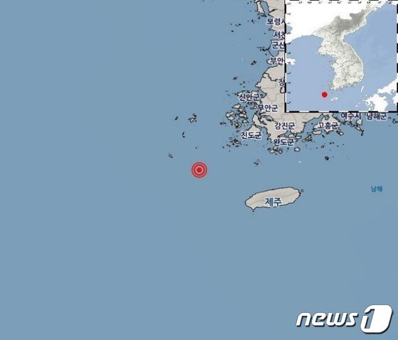 9일 오전 10시57분쯤 전남 신안군 흑산도 남쪽 91㎞ 해역에서 규모 2.6의 지진이 발생했다. 사진은 지진발생 위치.(광주기상청 제공)2021.12.9/뉴스1 © News1