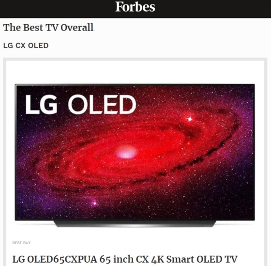 미국 경제전문지 포브스(Forbes)가 최근 발표한 '2021년 최고의 TV'(The Best TVs In 2021)로 선정된 LG전자의 올레드(OLED) TV CX 모델(사진=포브스 홈페이지) © 뉴스1