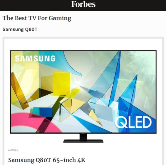 미국 경제전문지 포브스(Forbes)가 최근 발표한 '2021년 최고의 TV'(The Best TVs In 2021)에서 '베스트 게이밍 TV'(The Best TV For Gaming) 부문에 이름을 올린 삼성전자의 QLED TV 'Q80T' 모델(사진=포브스 홈페이지) © 뉴스1