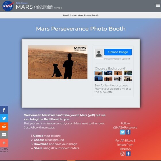 파란색 'Upload Image' 버튼을 누른 후, 사진 파일을 올리고 배경을 선택하고 'Download' 메뉴를 이용하면 된다. (미국 항공우주국(NASA) 홈페이지 갈무리) 2021.02.26 /뉴스1