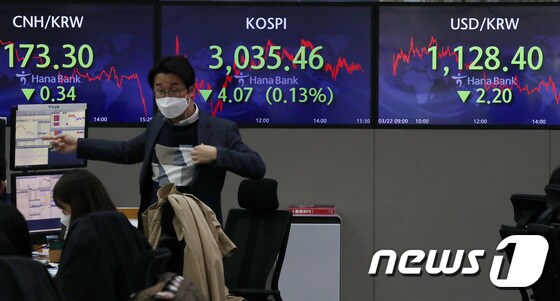 22일 오후 서울 중구 하나은행 딜링룸 2021.3.22/뉴스1 © News1 박세연 기자