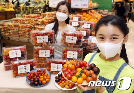 이마트 성수점에서 모델들이 '토마토 종합선물세트' 행사를 소개하고 있다. (이마트 제공) © 뉴스1
