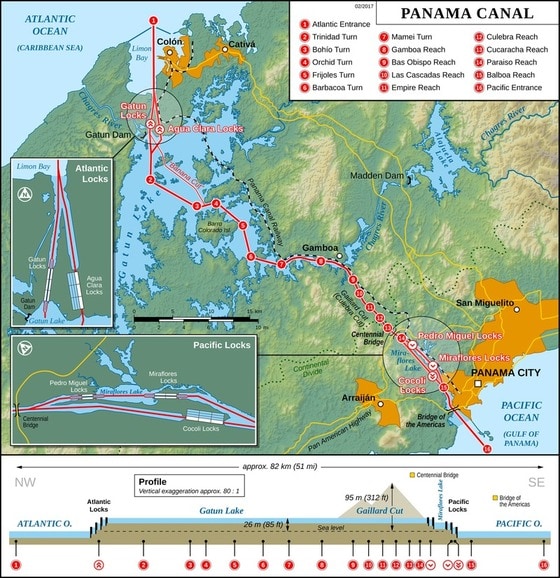 파나마운하 지도와 운하 측면도 / 사진출처 = 위키피디아