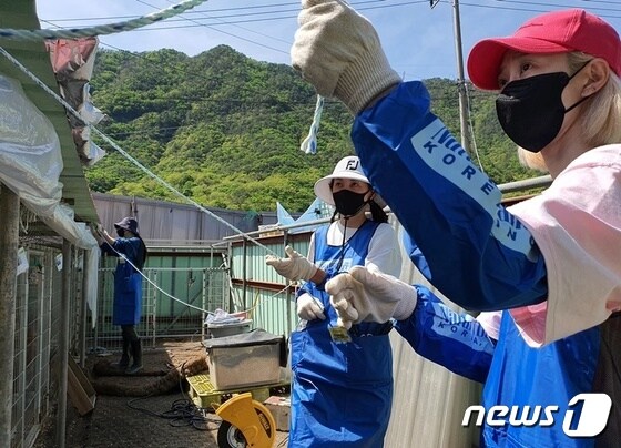 모델 김효진(왼쪽) 등이 4월 25일 동물보호소에서 그늘막을 설치하고 있다. © 뉴스1 최서윤 기자