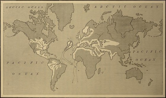 아틀란티스 제국과 그 세력 범위. 이그나티우스 도넬리의 1882년 작 '아틀란티스-아주 오래된 세계'에 삽입된 지도 / 사진출처 = 위키피디아
