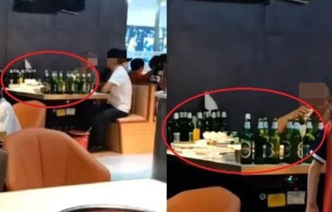 중국의 한 뷔페에서 무료 맥주 40병을 마신 남성 두 명. (웨이보 갈무리) © 뉴스1
