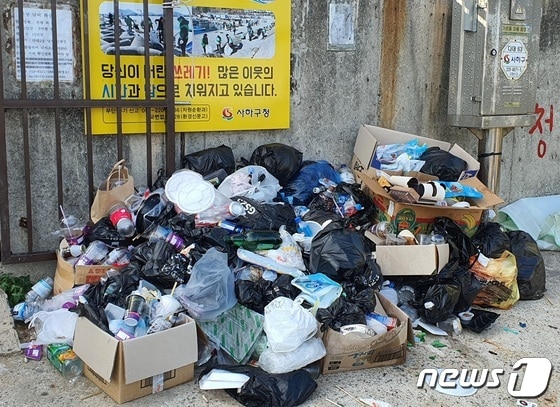 31일 낫개방파제 입구에 쌓여 있는 쓰레기들.2021.7.31/© 뉴스1 노경민 기자