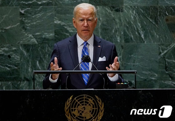 조 바이든 미국 대통령이 21일 유엔총회 연설에서 발언하고 있다. © AFP=뉴스1