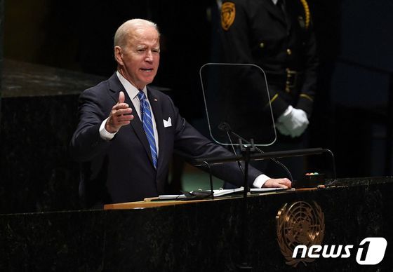 조 바이든 미국 대통령이 21일 유엔총회에서 연설하고 있다. © AFP=뉴스1