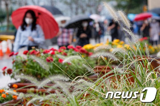 서울 중구 청계광장에 있는 수크령 너머로 우산 쓴 시민들이 출근하고 있다. 2021.9.7/뉴스1 © News1 안은나 기자