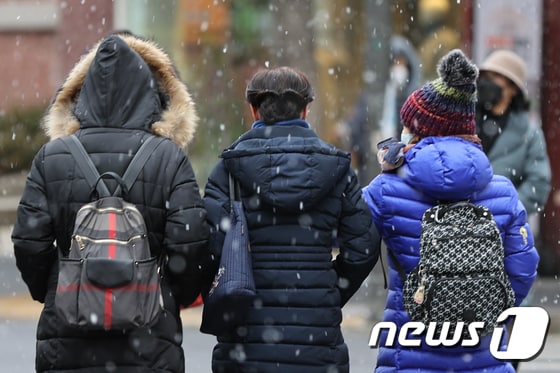 강추위 속 눈이 내리는 지난 17일 오후 서울 종로구 조계사앞 사거리에서 시민들이 눈을 맞으며 걷고 있다. 2022.1.17/뉴스1 © News1 안은나 기자