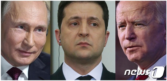 왼쪽부터 블라디미르 푸틴 러시아 대통령, 볼로디미르 젤렌스키 우크라이나 대통령, 조 바이든 미국 대통령. 2022.01.20/news1 © AFP=뉴스1