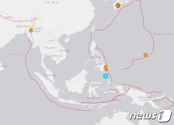 22일(현지시간) 필리핀 사랑가니 인근 해역에서 이날 오전 10시26분경 규모 6.0 지진이 발생했다. (미국 지질조사국 홈페이지 갈무리) 2022.01.22 © 뉴스1