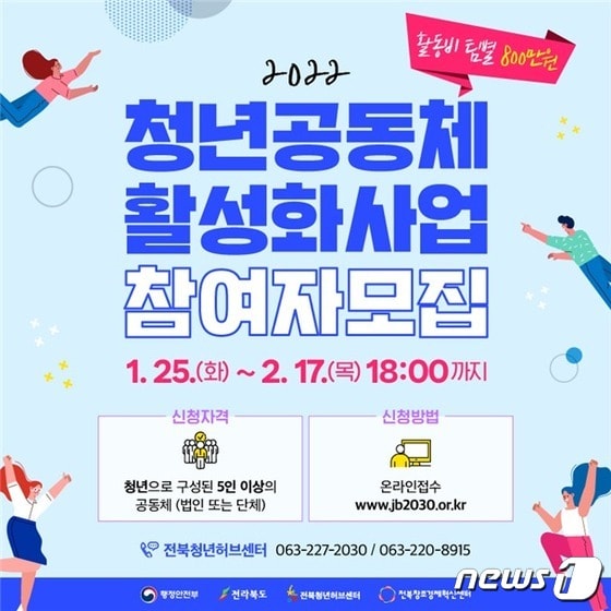 전북도와 전북청년허브센터의 '2022년 청년공동체 활성화 사업' 포스터.(전북청년허브센터 제공)2022.1.25/© 뉴스1