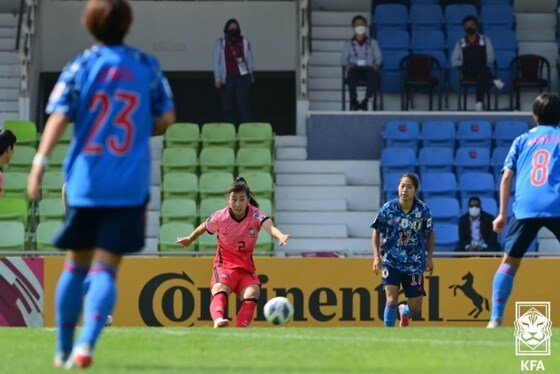 여자 대표팀 측면 수비수 추효주가 일본전에서 킥을 하는 모습. (대한축구협회 제공)© 뉴스1