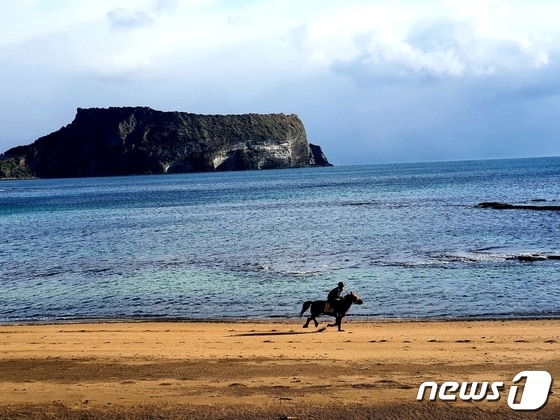 성산일출봉 앞 광치기해변의 푸른 바다에서 말달리는 풍경.