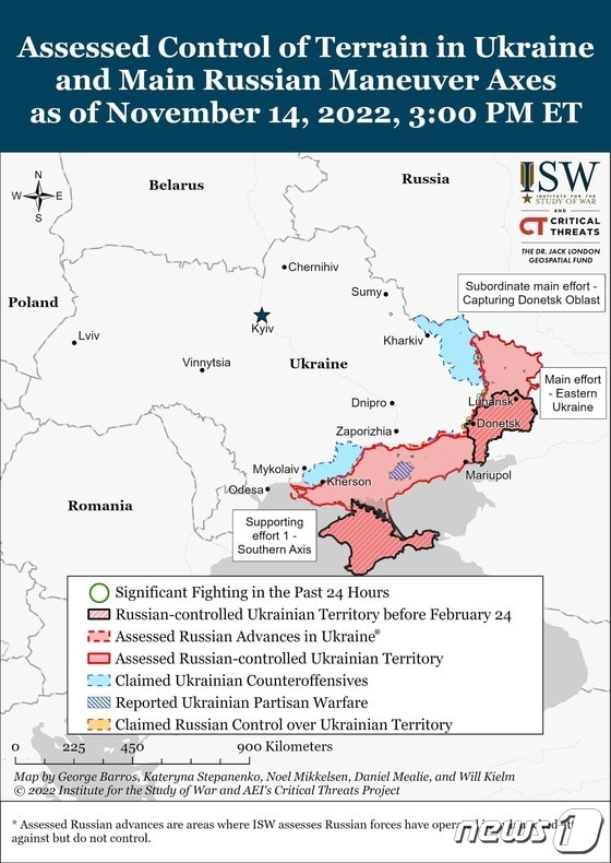 미국 전쟁연구소(ISW)가 시각화 한 2022년 11월 14일 기준 우크라이나 전황.