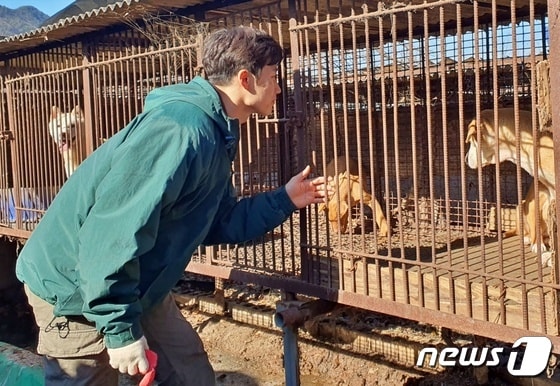이상경 HSI 팀장은 8일 아산의 한 개농장에서 농장주를 설득해 농장을 폐쇄하고 개들을 구조했다. © 뉴스1 최서윤 기자