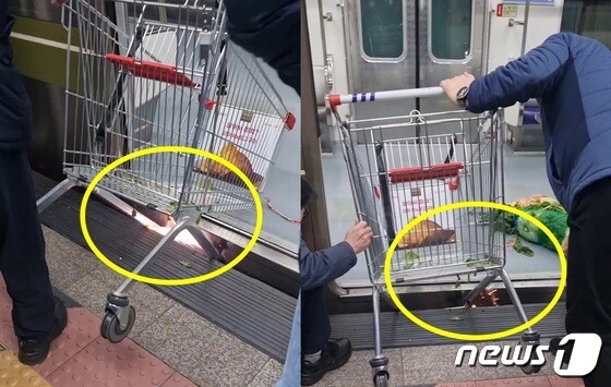 서울지하철 7호선 노원역에서 열차와 승강장 사이에 쇼핑카트가 낀 모습. (인스타그램 갈무리)