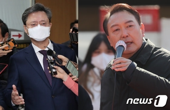 왼쪽부터 우병우 전 청와대 민정수석, 윤석열 국민의힘 대선 후보.© 뉴스1