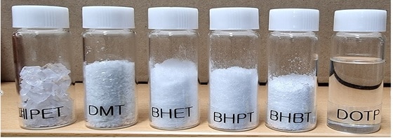 폐PET, DMT(왼쪽부터) 및 이를 중간체로 제조된 테레프탈레이트 유도체 화합물의 예(BHET, BHPT, BHBT, DOTP). (화학연 제공)© 뉴스1