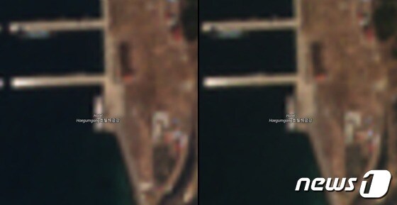 지구관측위성 '센티넬-2A'가 지난 3일(왼쪽)과 8일 촬영한 금강산 관광지구 내 해금강 호텔 일대 위성사진. 호텔 건물 북쪽 상층부에서 해체 공사가 진행되고 있는 것으로 추정된다. (센티넬 허브 캡처) © 뉴스1