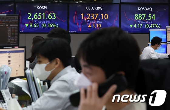 14일 서울 중구 하나은행 딜링룸에서 직원들이 분주하게 움직이고 있다.  2022.3.14/뉴스1 © News1 박지혜 기자