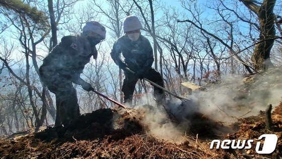 안산 수리산자락 산불 진화작업에 투입된 수도군단사령부 장병들. © 뉴스1