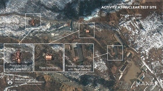 북한이 풍계리 핵실험장에서 새 건물을 건축하고 기존 건물을 수리하는 정황이 포착됐다. 사진은 지난 4일 북한 풍계리 핵실험장 일대를 촬영한 상업용 인공위성 사진에서 건물 신축·보수 등의 정황이 포착된 모습. (암스컨트롤웡크)2022.3..8/뉴스1