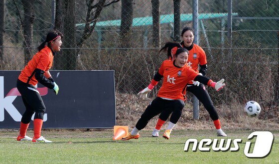 대한민국 여자축구 대표팀 골키퍼인 윤영글(가운데) /뉴스1 © News1 장수영 기자