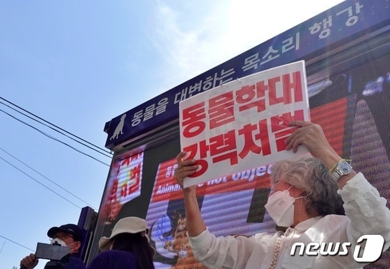 동물보호단체는 7일 서울 종로구 효자동 일대에서 집회를 열고 '동물은 물건이 아니다'라는 내용의 손팻말을 들었다.(동물권시민단체 RAY 제공) © 뉴스1