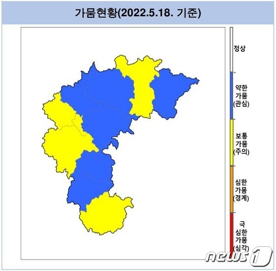 5월 18일 기준 충북지역 기상 가뭄 현황.(청주기상지청 제공).2022.5.19/© 뉴스1
