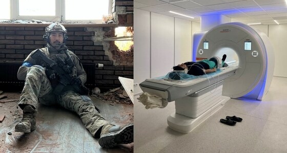 이근 전 대한민국 해군 특수전전단 대위의 우크라 현지 모습. 오른쪽은 이 전 대위가 자기공명영상(MRI) 검사를 받는 모습.(유튜브 'ROKSEAL' 커뮤니티 갈무리) © 뉴스1