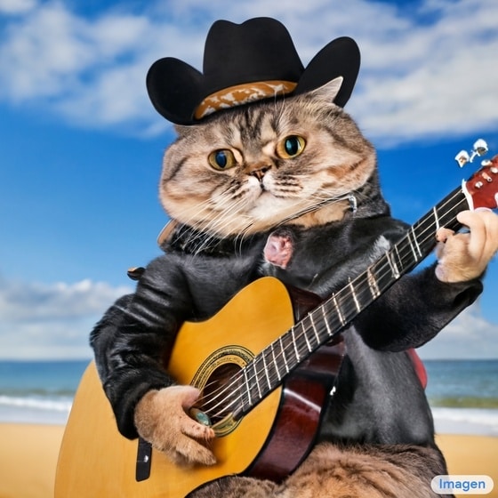'페르시안 고양이가 검은 자킷을 입고 바다에서 기타 치는 사진'을 입력받은 구글 리서치의 브레인 팀이 개발한 인공지능 이매젠(Imagen)이 생성한 그림 (Imagen 공개 블로그 갈무리) 2022.05.24 /뉴스1