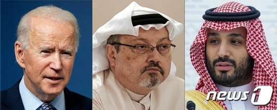 조 바이든(왼쪽) 미국 대통령과 모하메드 빈살만(왼쪽) 사우디아라비아 왕세자. 가운데는 2018년 10월 사우디 정부를 비판해 피살당한 언론인 자말 카슈끄지 © AFP=뉴스1 © News1 정윤미 기자